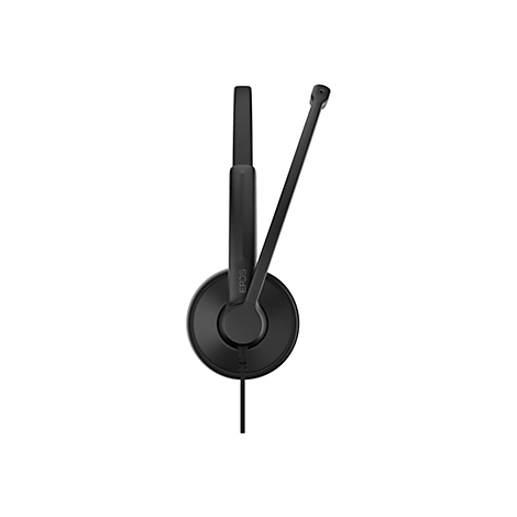 Schwarzes Headset mit Mikrofon. Auf dem kreisrunden Ohrhörer steht der Name "EPOS".