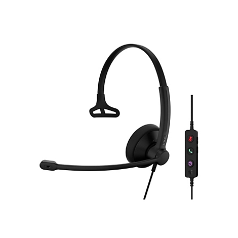 Schwarzes Headset mit Mikrofon. Am Kabel befinden sich Tasten zur Steuerung. Das Logo ist EPOS.