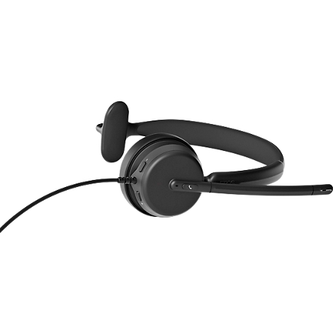 Black headset with microphone, detail shot. The band is slightly curved, the microphone is attached to the left earpiece.