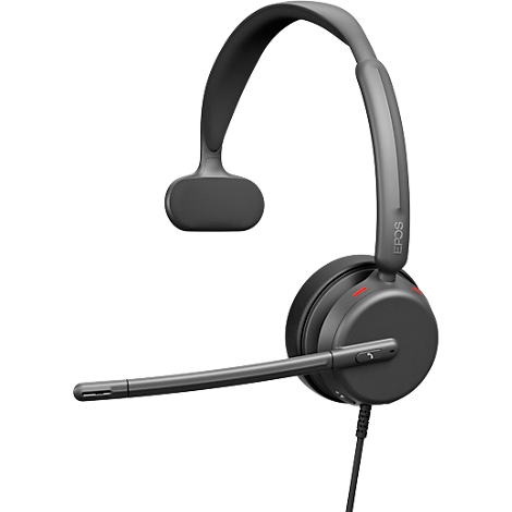 Black headset with headband, ear cup, and microphone arm. A red accent on the ear cup. Wired.