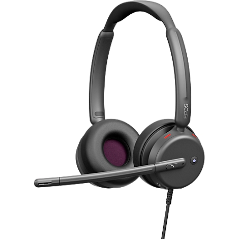 Gray headset with microphone. Earcups with purple padding, microphone on the left ear.
