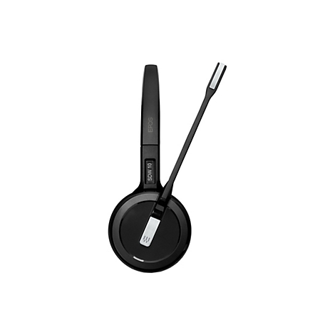 Schwarzes Headset mit Ohrmuschel und Mikrofonarm. Auf dem Bügel steht EPOS, darunter SDV 10. Das Mikrofonende ist silberfarben.