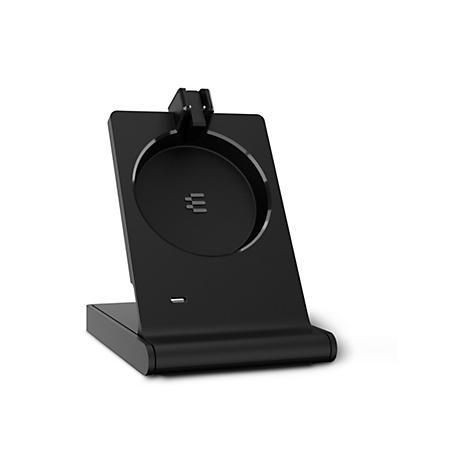 Schwarze Dockingstation für ein Telefon. Sie steht aufrecht auf einem quadratischen Sockel. Oben befindet sich ein Halter für das Telefon.