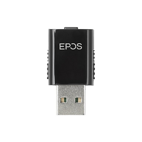 Schwarzer USB-Adapter mit EPOS-Logo. Der Adapter hat eine rechteckige Form und einen USB-Stecker.