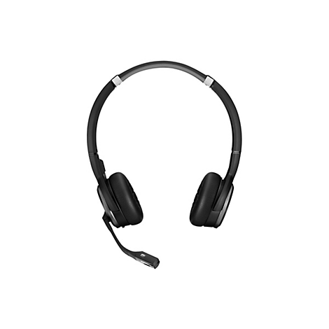 Schwarzes Headset mit Ohrmuscheln und Mikrofon auf weißem Hintergrund.