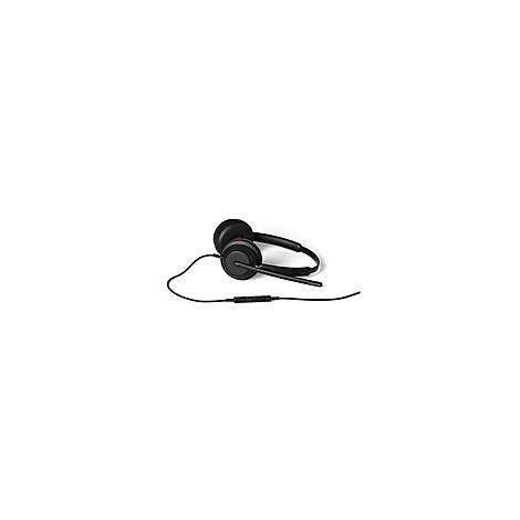 Schwarzes Headset mit Mikrofon, Kabel und Bedienelementen auf weiÃŸem Hintergrund.
