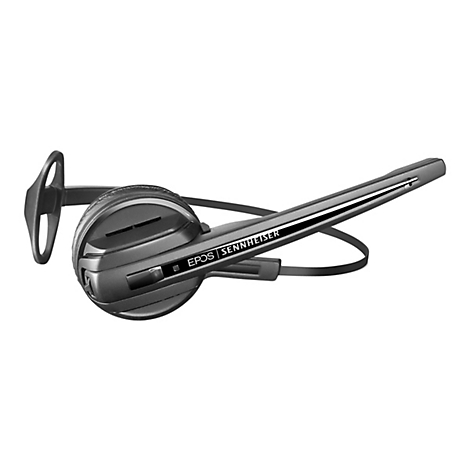 Graues Headset mit Bügel, Mikrofonarm und Ohrbügel. Auf dem Gerät steht EPOS SENNHEISER.