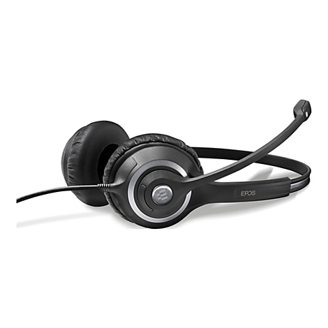 Schwarzes Headset mit Mikrofon, vor weiÃŸem Hintergrund. Auf dem BÃ¼gel steht 'EPOS'.