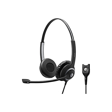 Schwarzes Headset mit Mikrofon und Kabel. Neben dem Headset ein Bedienelement.