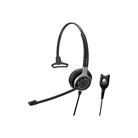 Ein schwarzes Headset mit BÃ¼gel, Ohrmuschel und Mikrofon. Am Kabel befindet sich eine Bedieneinheit.