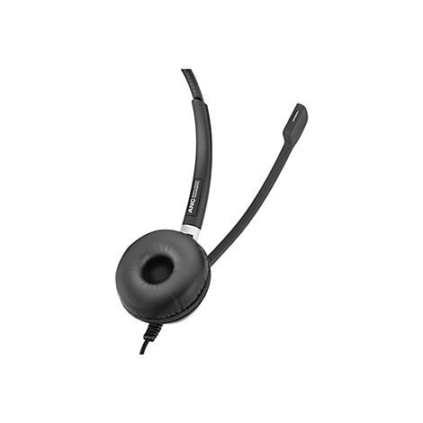 Schwarzes Headset mit Mikrofon, Kabel und KopfhÃ¶rer auf weiÃŸem Hintergrund.