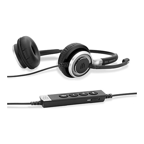 Schwarzes Headset mit Ohrmuscheln, Mikrofon und Bedienelementen, vor weiÃŸem Hintergrund.