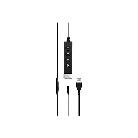 Schwarzes Headset-Kabel mit Fernbedienung, Klinken- und USB-Anschluss.
