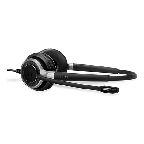 Schwarzes Headset mit Mikrofon, silbernen Elementen und dem EPOS-Logo.