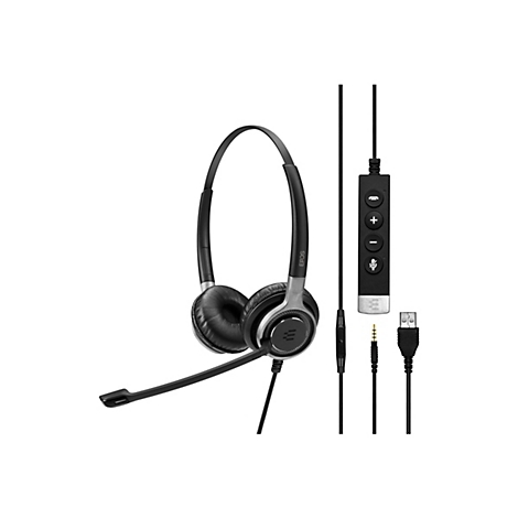Schwarzes Headset mit Mikrofon, LautstÃ¤rkereglern und USB-Anschluss. Detailansicht des Produkts.