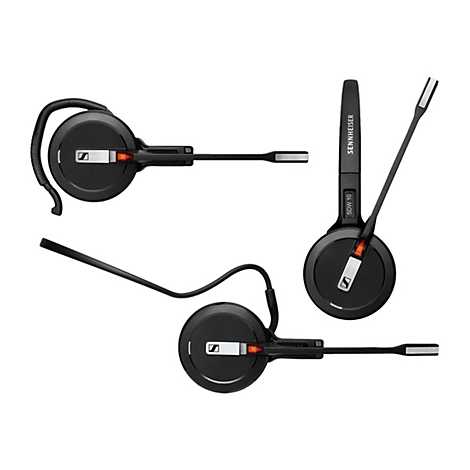 Mehrere Ansichten eines schwarzen Headsets von Sennheiser mit Mikrofon. Das Headset hat einen BÃ¼gel und ein lÃ¤ngliches Mikrofon.