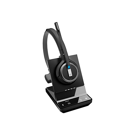 Schwarzes Headset auf Ladestation, Mikrofon, BÃ¼gel und Bedienelemente sichtbar.