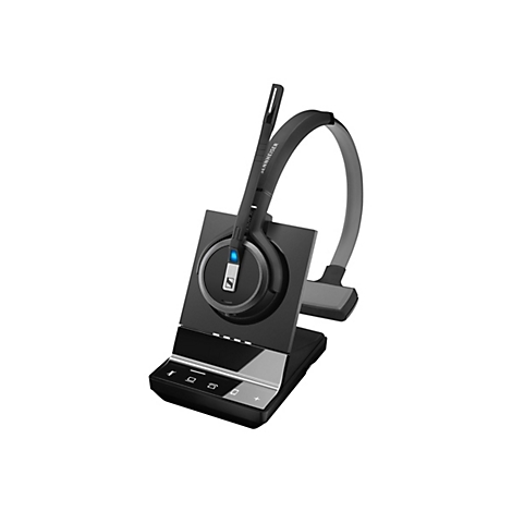 Drahtloses Headset in Schwarz auf Ladestation mit Bedienfeld. Das Headset hat einen verstellbaren Bügel, Mikrofon und Ohrmuschel mit Logo.
