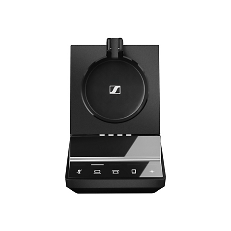 Schwarzes Headset mit Sennheiser Logo. Unterhalb ein Bedienfeld mit Symbolen.