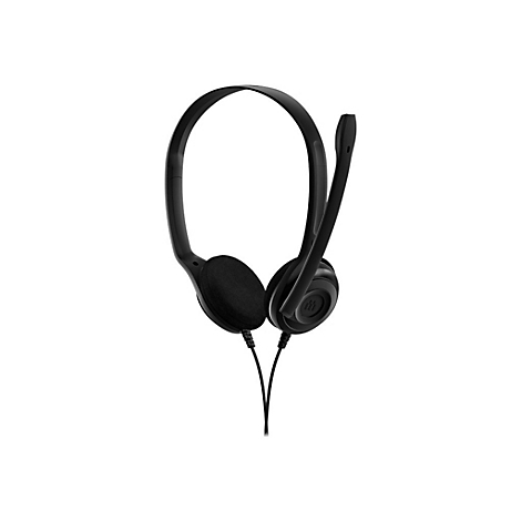Schwarzes Headset auf weiÃŸem Hintergrund. Es hat einen BÃ¼gel und ein Mikrofon.