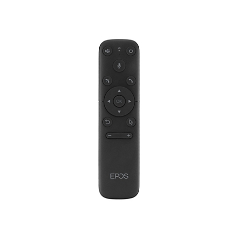 Schwarz Fernbedienung für Videokonferenzen. Mit vielen Tasten und dem Logo EPOS.
