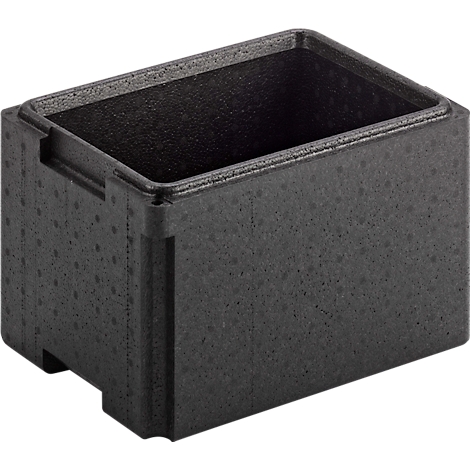 Black, rectangular box with a rough surface. The box has an open top and recessed sides. Small recesses on the sides.