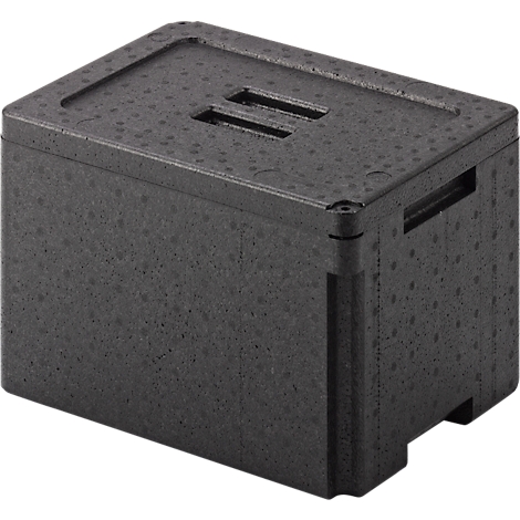 Black cooler box with lid, two recessed handles. Ribbed surface, rounded corners, side grip recess.