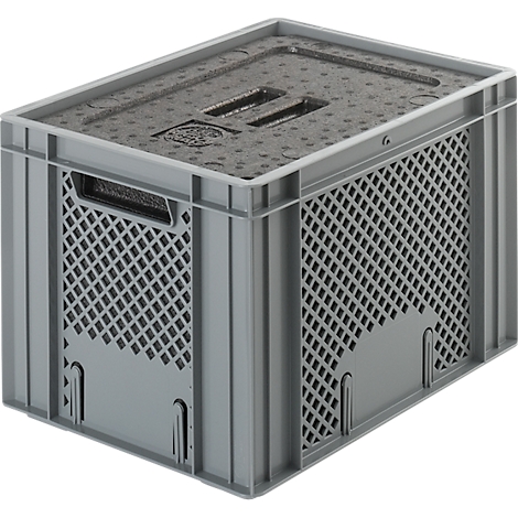 Gray plastic box with lid, grid structure and handles. Ideal for transport and storage.