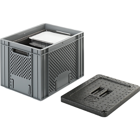 Grey transport box with lid. Box and lid are next to it. Box with contents of two white containers.