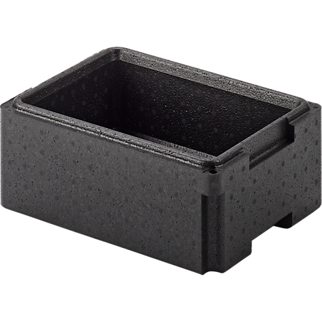 Black rectangular container with an open lid, rough surface.