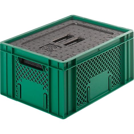 Green plastic crate with lid and handles. The lid is lined with black foam. The sides are perforated.