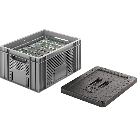 Grey plastic box with contents and a separate Styrofoam lid.