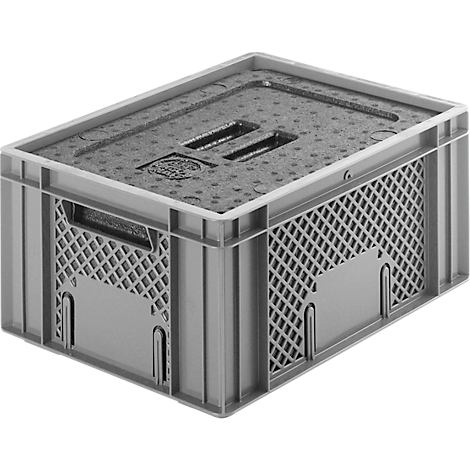 Grey plastic box with lid and handles, photographed diagonally from above.