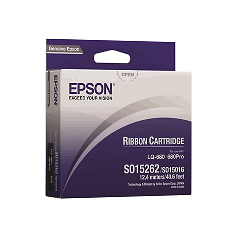 Cartouche de ruban Epson, en boÃ®te. Sur la boÃ®te, on peut lire EPSON et RIBBON CARTRIDGE.