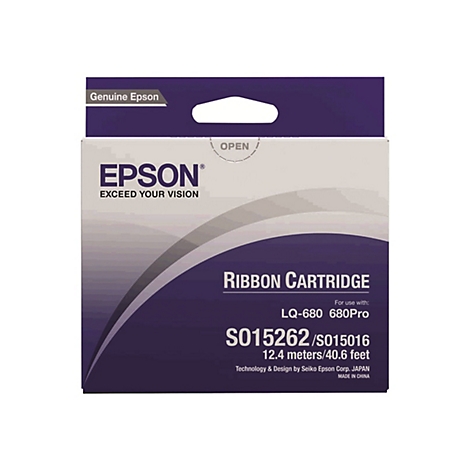 Une cartouche Epson violette avec texte blanc. En haut, Genuine Epson. En dessous, EPSON, EXCEED YOUR VISION, RIBBON CARTRIDGE.