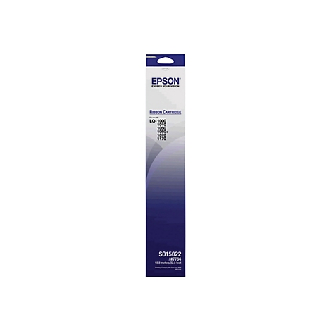 Epson Farbbandpatrone, weißes Etikett mit blauem Farbverlauf, Text und Logo, Produktabbildung.