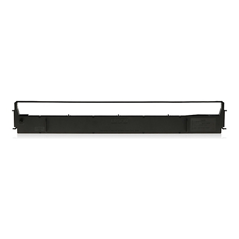 Eine schwarze Druckerfarbbandpatrone, horizontal vor weißem Hintergrund. Das Etikett zeigt den Markennamen Epson.