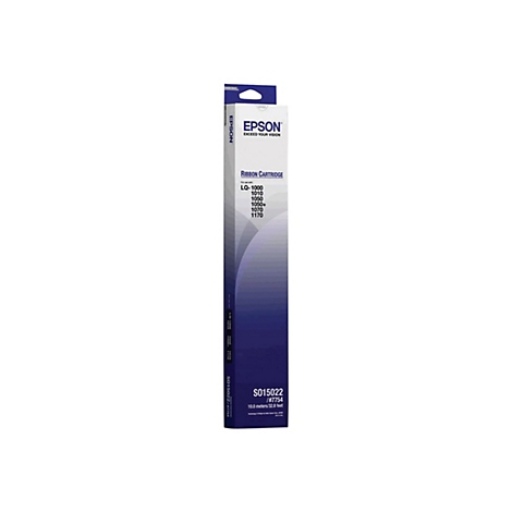 Eine längliche Epson-Tintenbandpatrone in Weiß, Blau und Schwarz vor weißem Hintergrund. Auf der Patrone sind Logos und Produktbezeichnungen zu sehen.