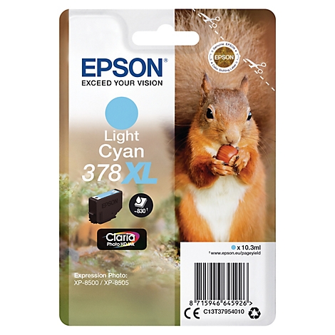 Epson Tintenpatrone, hellcyan, mit Eichhörnchen. Produktbezeichnung, Kapazität und Modellnummer sind sichtbar.