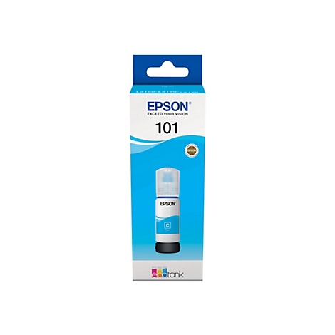 Epson 101 Cyan Tintentank-Flasche in der originalen Produktverpackung.