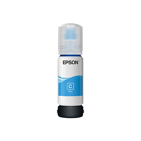 Epson Tintenflasche in Cyan mit weißem Flaschenkörper, blauem Etikett und transparentem Verschluss.