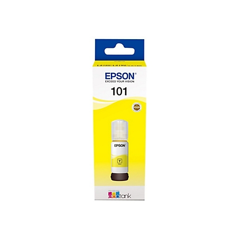 Gelbe Epson 101 EcoTank Tintenflasche in weißer Verpackung mit gelben Akzenten.