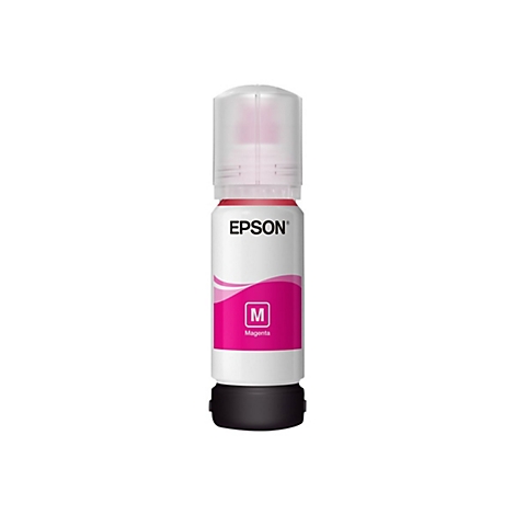 Weiße Epson Tintenflasche für Magenta Farbe mit transparentem Verschluss vor weißem Hintergrund.