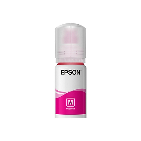 Eine Flasche Epson Magenta-Tinte mit weißem Deckel. Auf der Flasche steht "EPSON" und "Magenta".