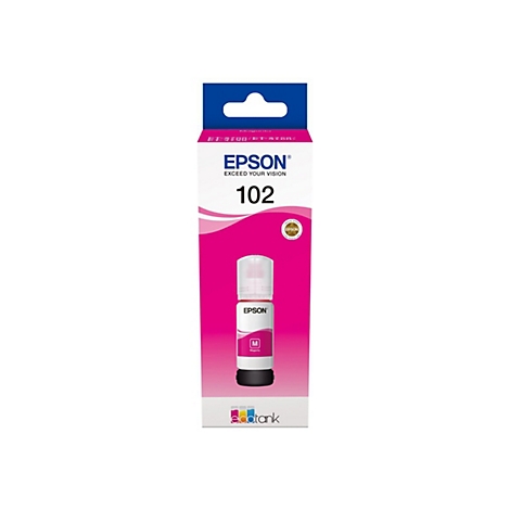 Une bouteille d'encre Epson dans un emballage. L'emballage est rose avec des accents bleus. L'emballage indique 'EPSON' et le numÃ©ro '102'.