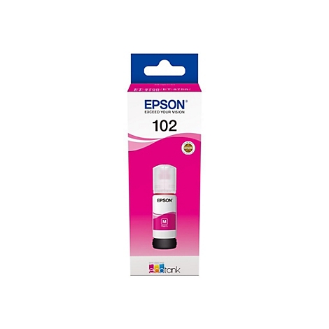 Epson Tintenpatrone in einer Verpackung mit rosa und weiÃŸem Design. Aufgedruckter Text: Epson, 102.