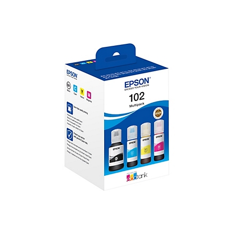 Ein Epson Tintenpatronen-Multipack, das vier Farbflaschen zeigt: Schwarz, Cyan, Gelb und Magenta. Auf der Verpackung steht "102 Multipack".