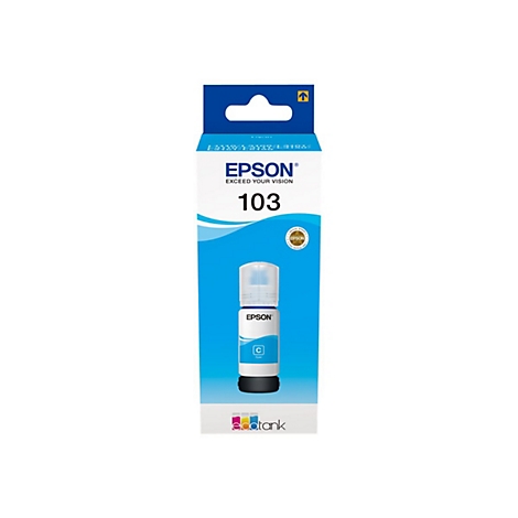 Epson Tintenflasche 103 cyan, blaue Flasche und Verpackung.