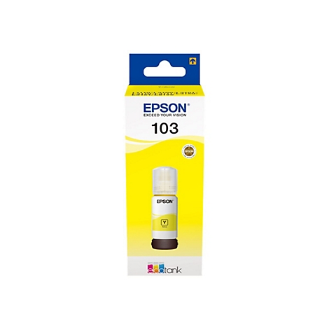 Gelbe Epson 103 EcoTank Tintenflasche in ihrer Originalverpackung vor weißem Hintergrund.