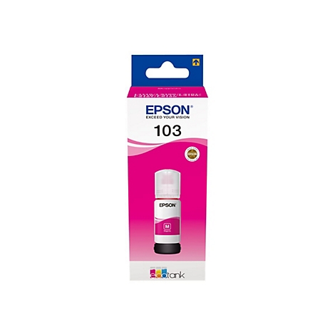 Magenta Tintenflasche und Verpackung von Epson, vor weißem Hintergrund. Mit Logo, Schriftzug und Produktbezeichnung.